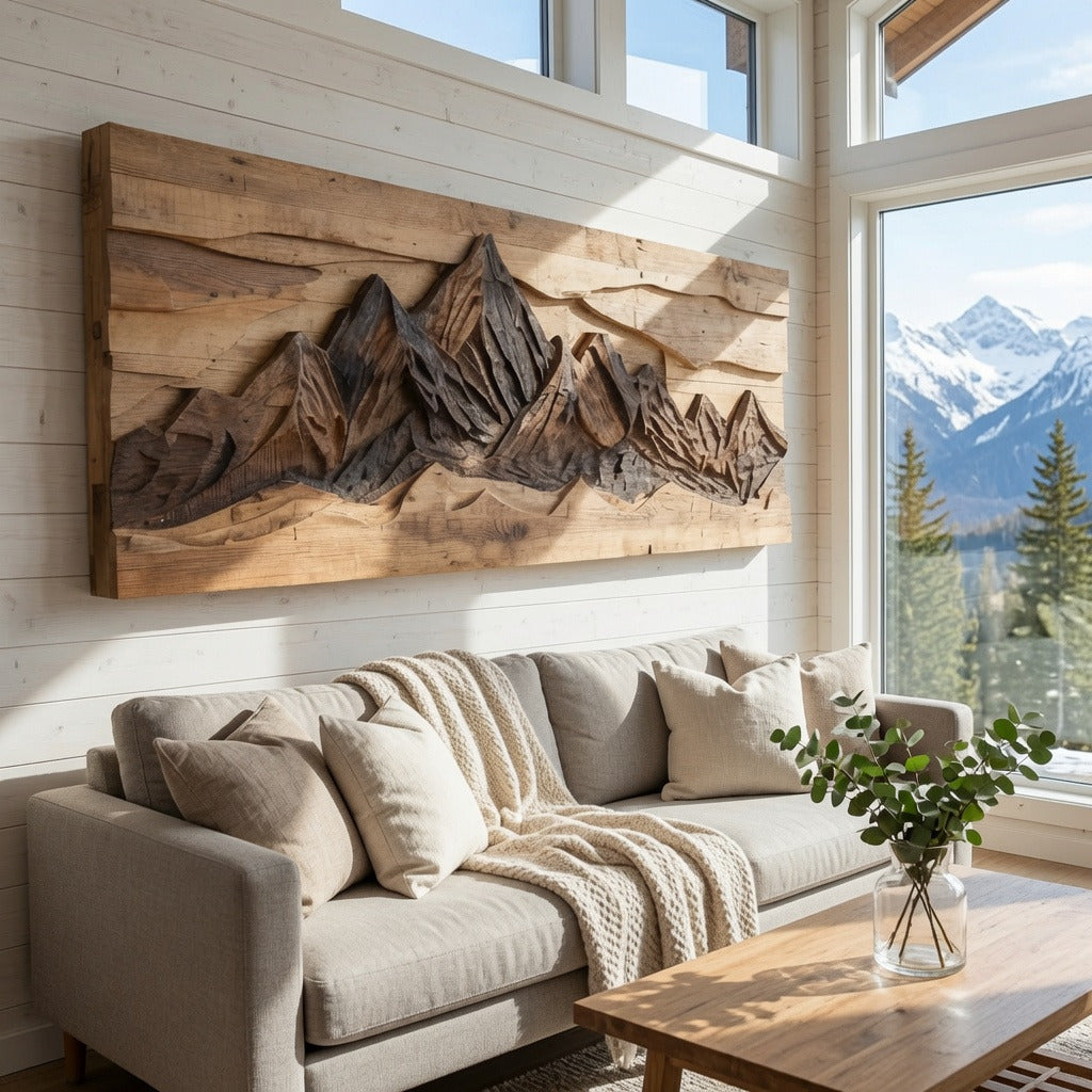 Handgesneden Berglandschap Wandkunst - Massief Hout