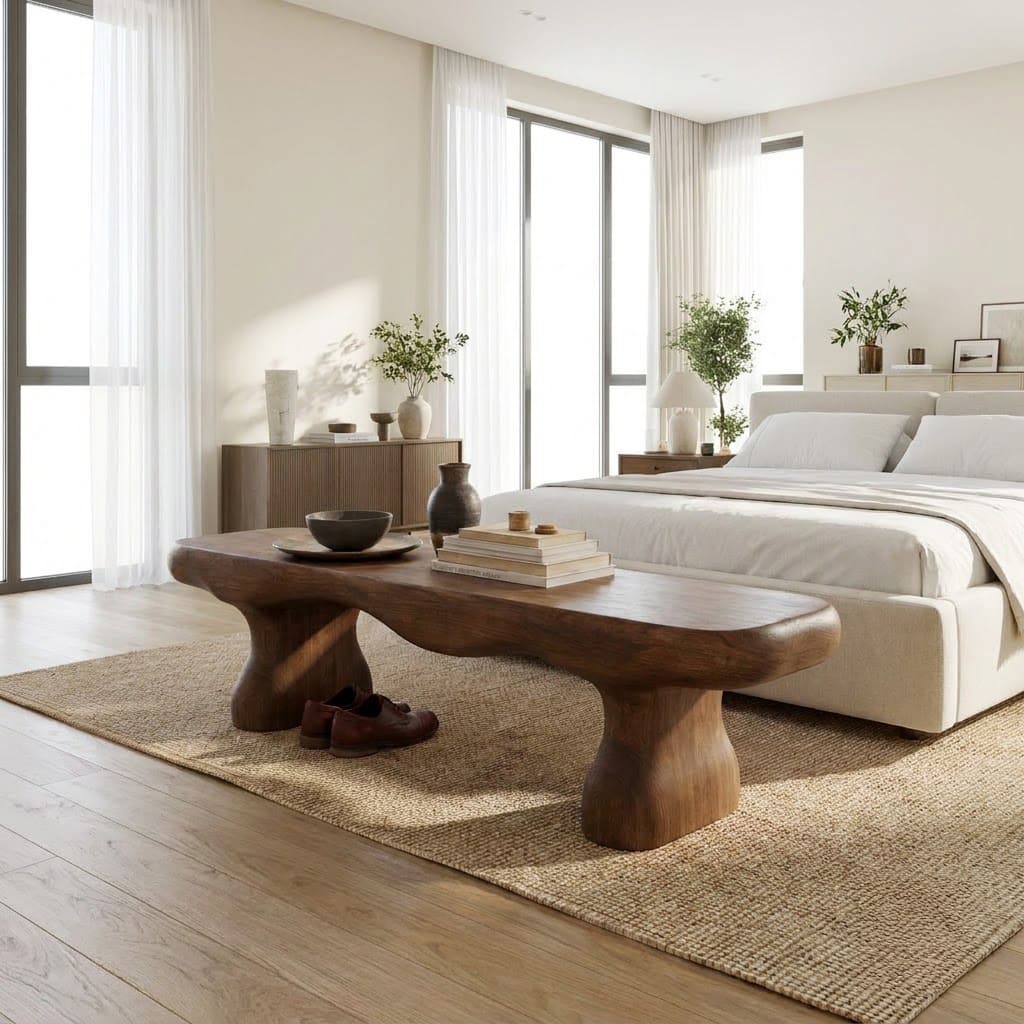 Sculpturale robuuste accentbank van massief hout met modern design