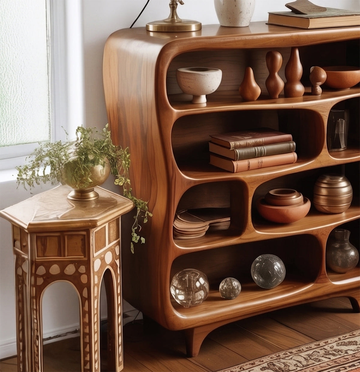 Artistieke massief houten boekenkast met sculpturaal silhouet