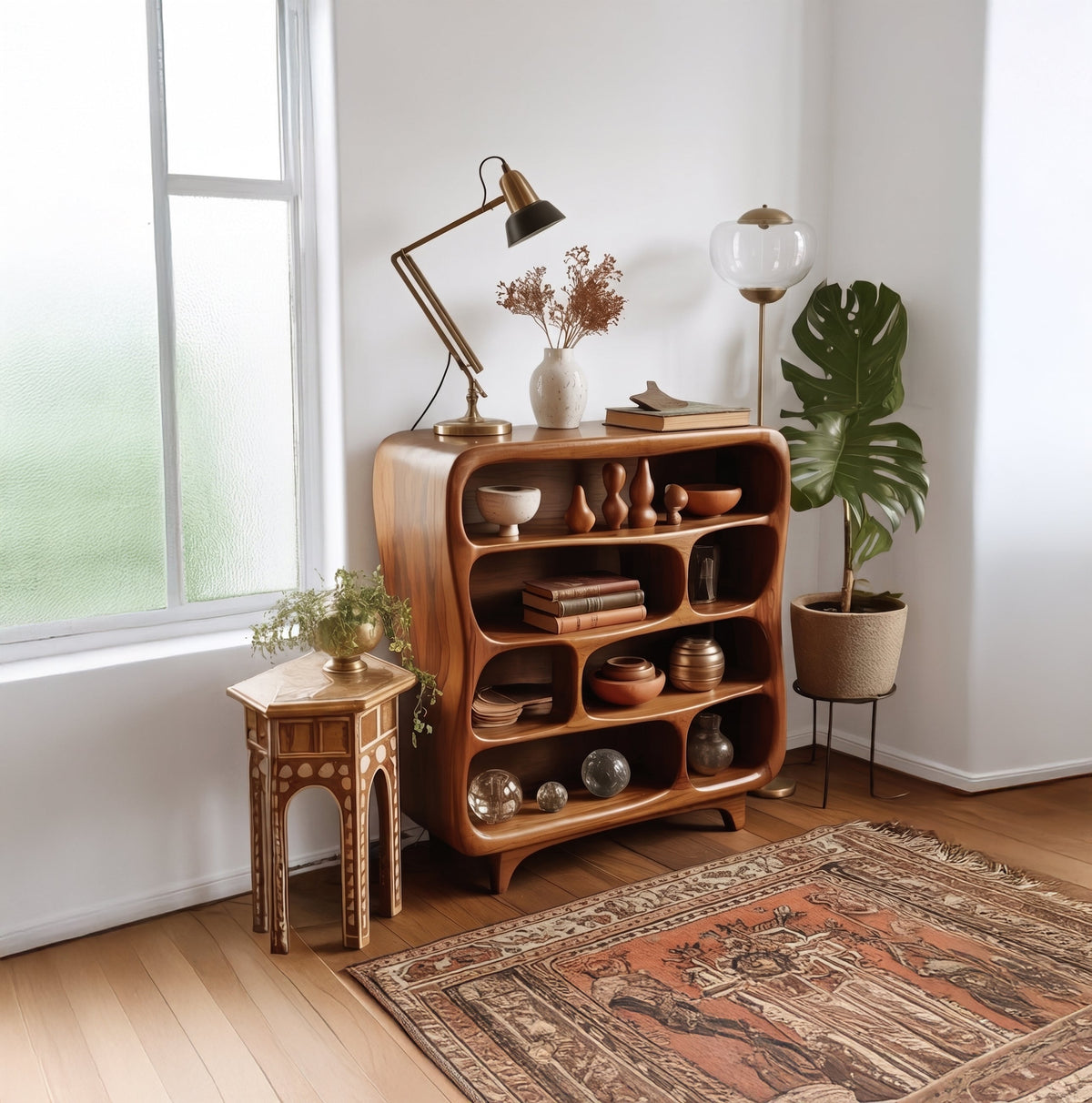 Sculpturale gebogen massief houten boekenkast met artistiek design