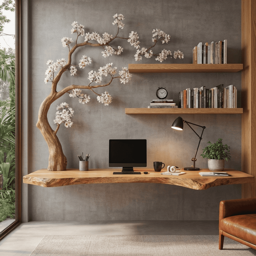 Boomrand wandbureau met gesneden bloesemtak van massief hout