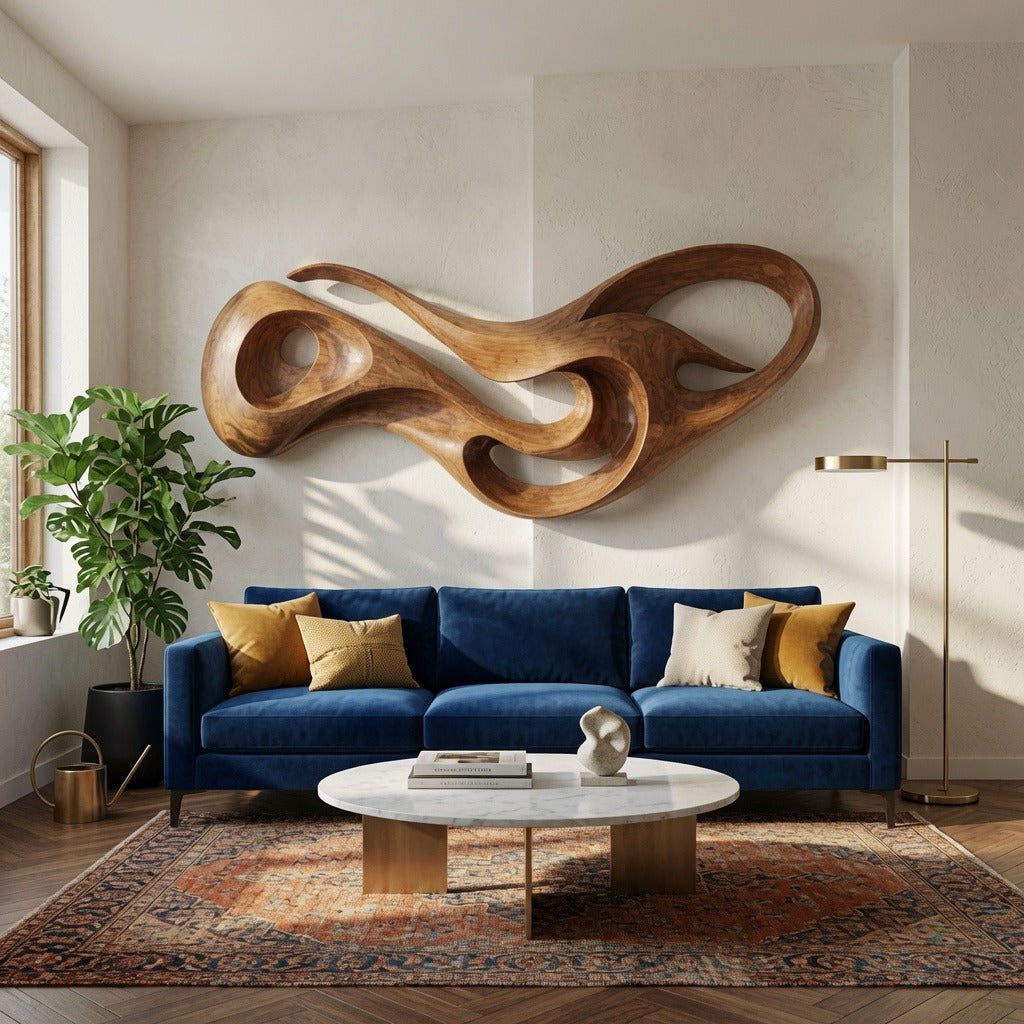 Sculpturale vloeiende organische wandkunst van massief hout