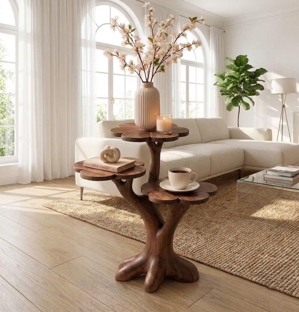 Sculpturale bijzettafel met 3 niveaus van massief hout in bloembladontwerp
