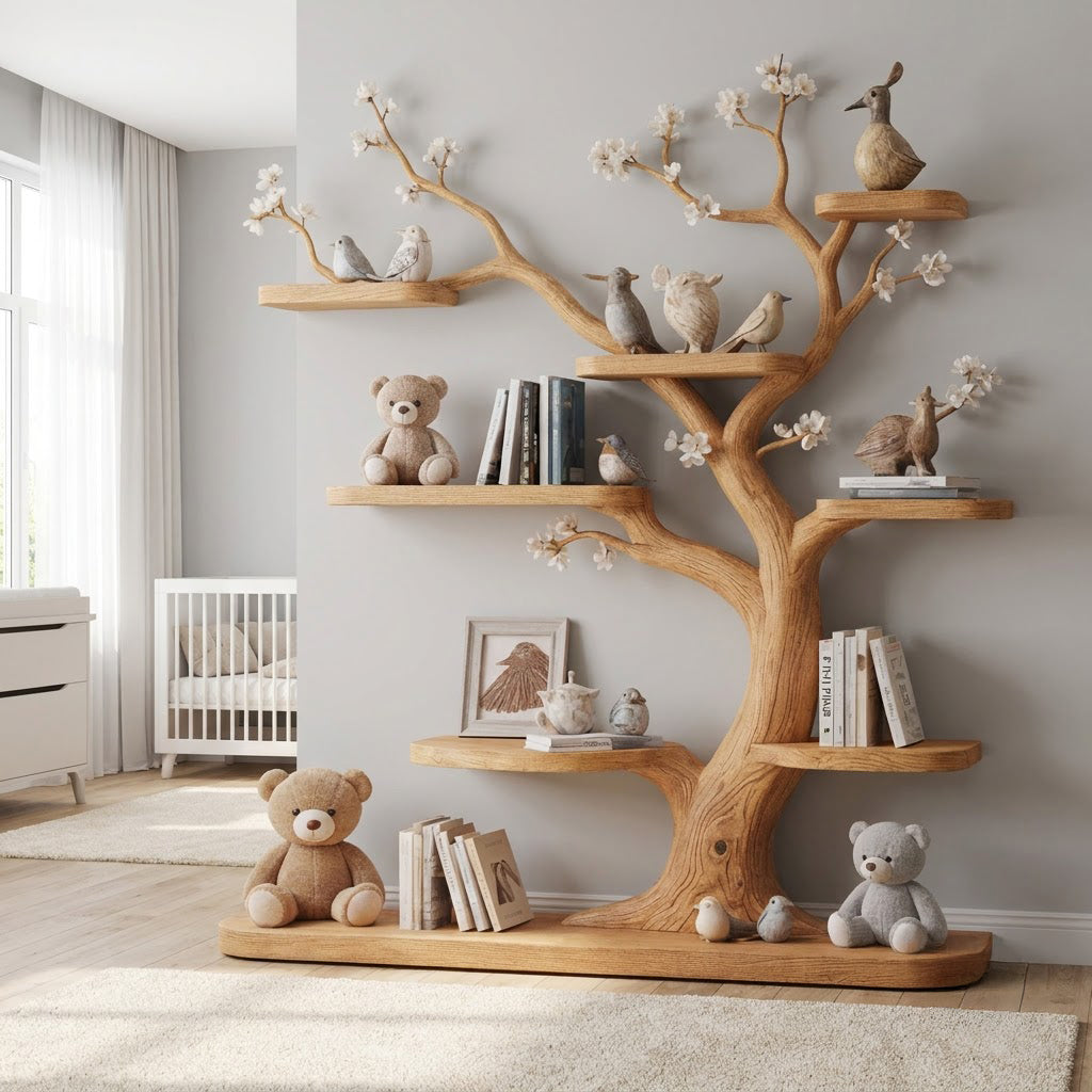 Handgesneden houten bloesemboom boekenplank voor de kinderkamer