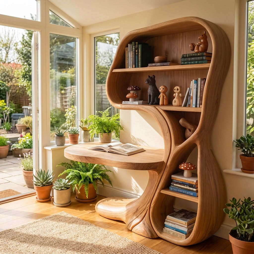 Massief houten sculpturaal bureau met boekenkast in een elegante werkkamer