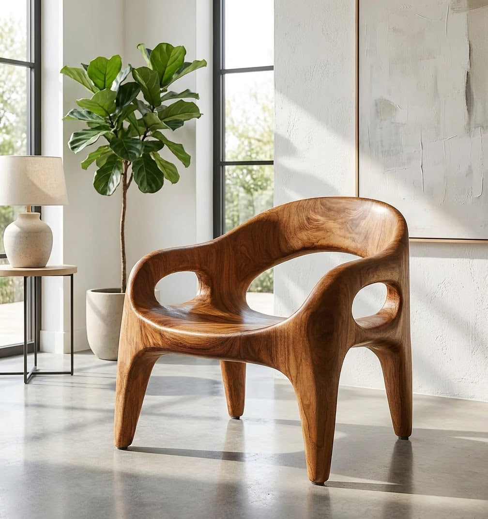 Sculpturale massief houten fauteuil in een eigentijdse zithoek