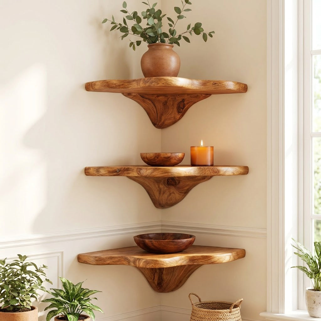 Sculpturale paddenstoel hoekplank van massief hout