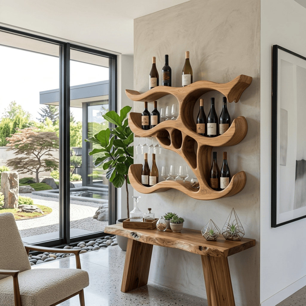 Handgemaakt massief houten wijnrek met glazenhouder voor moderne interieurs