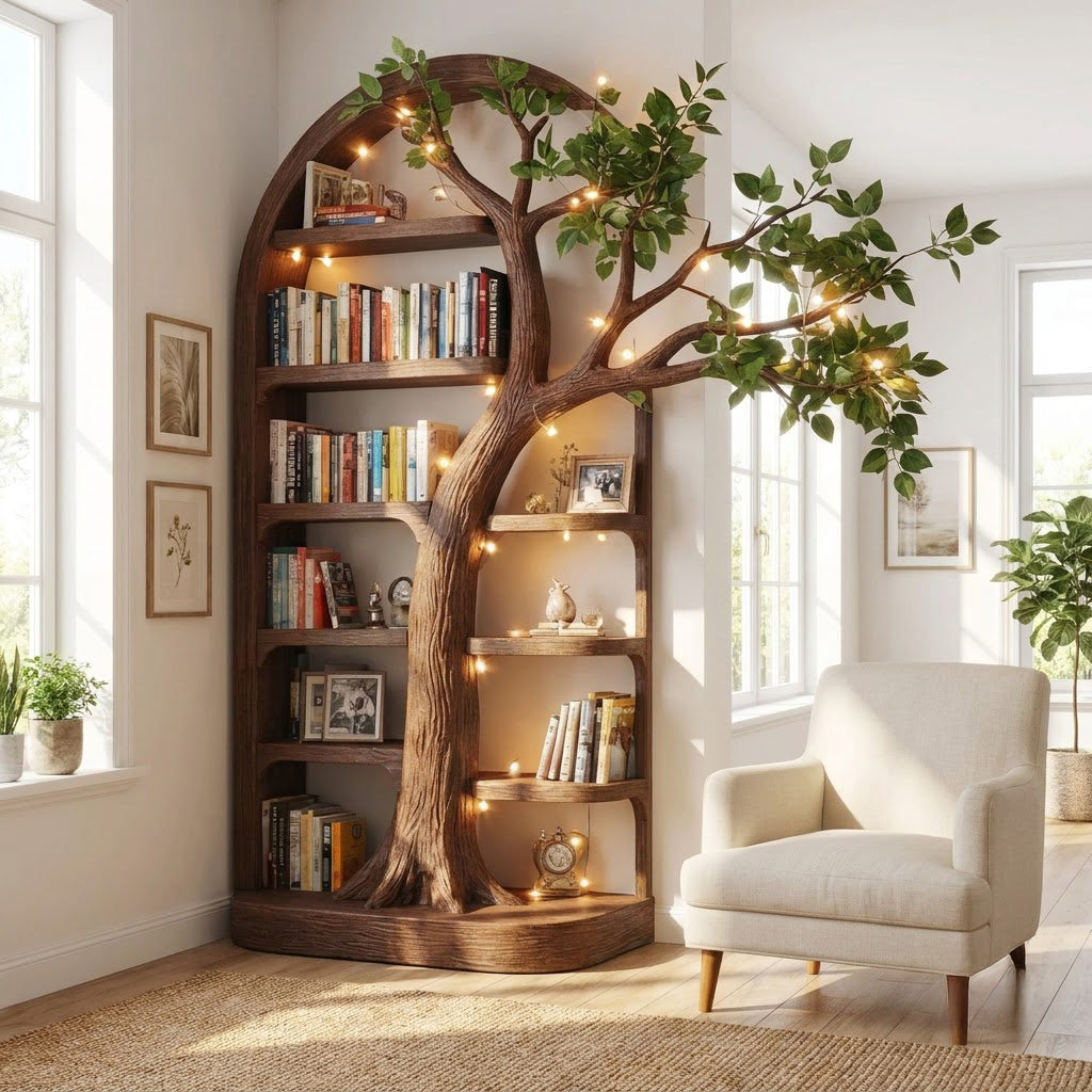 Handgesneden boekenkast met takluifel van massief hout