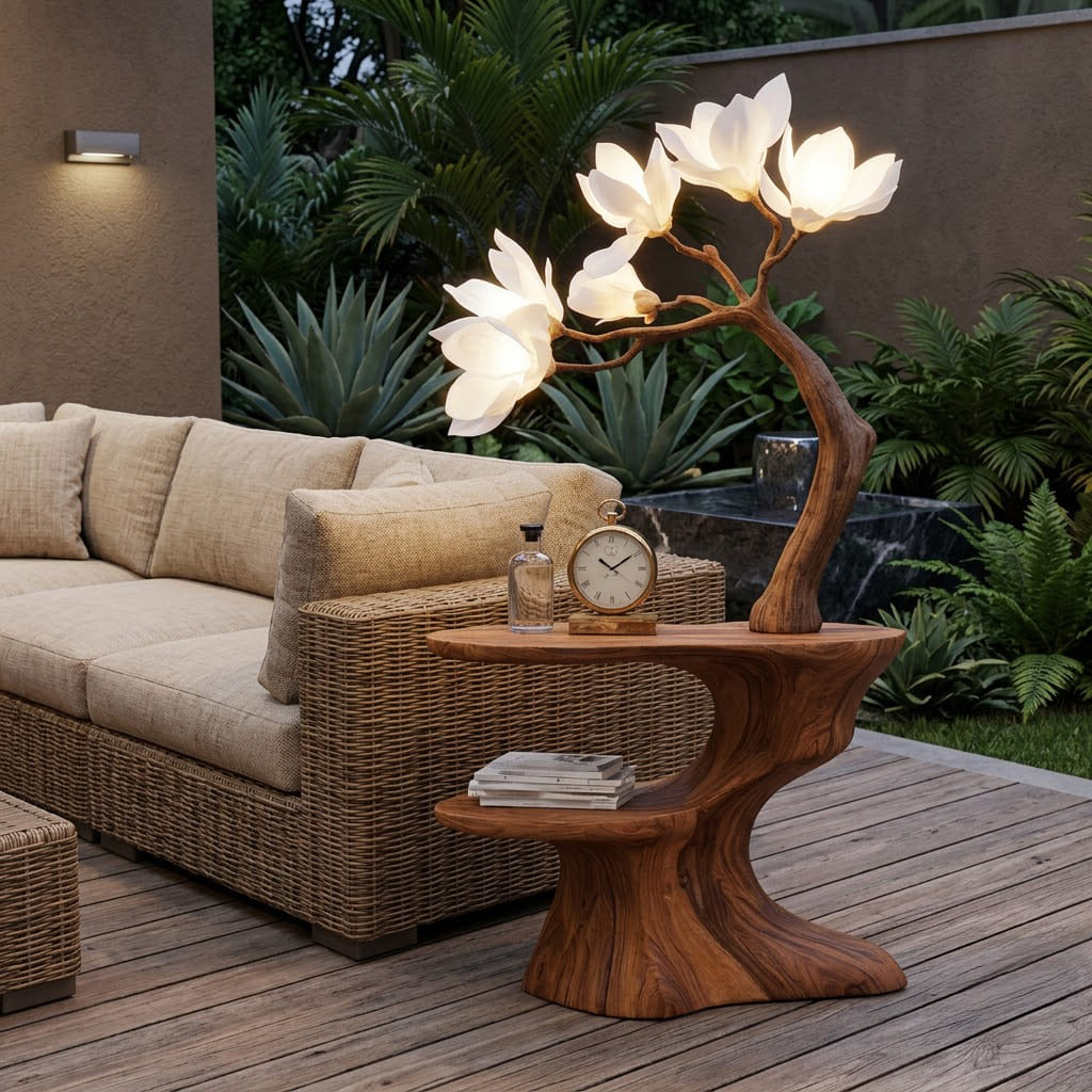 Sculpturale handgesneden bijzettafel van massief hout met magnoliatak
