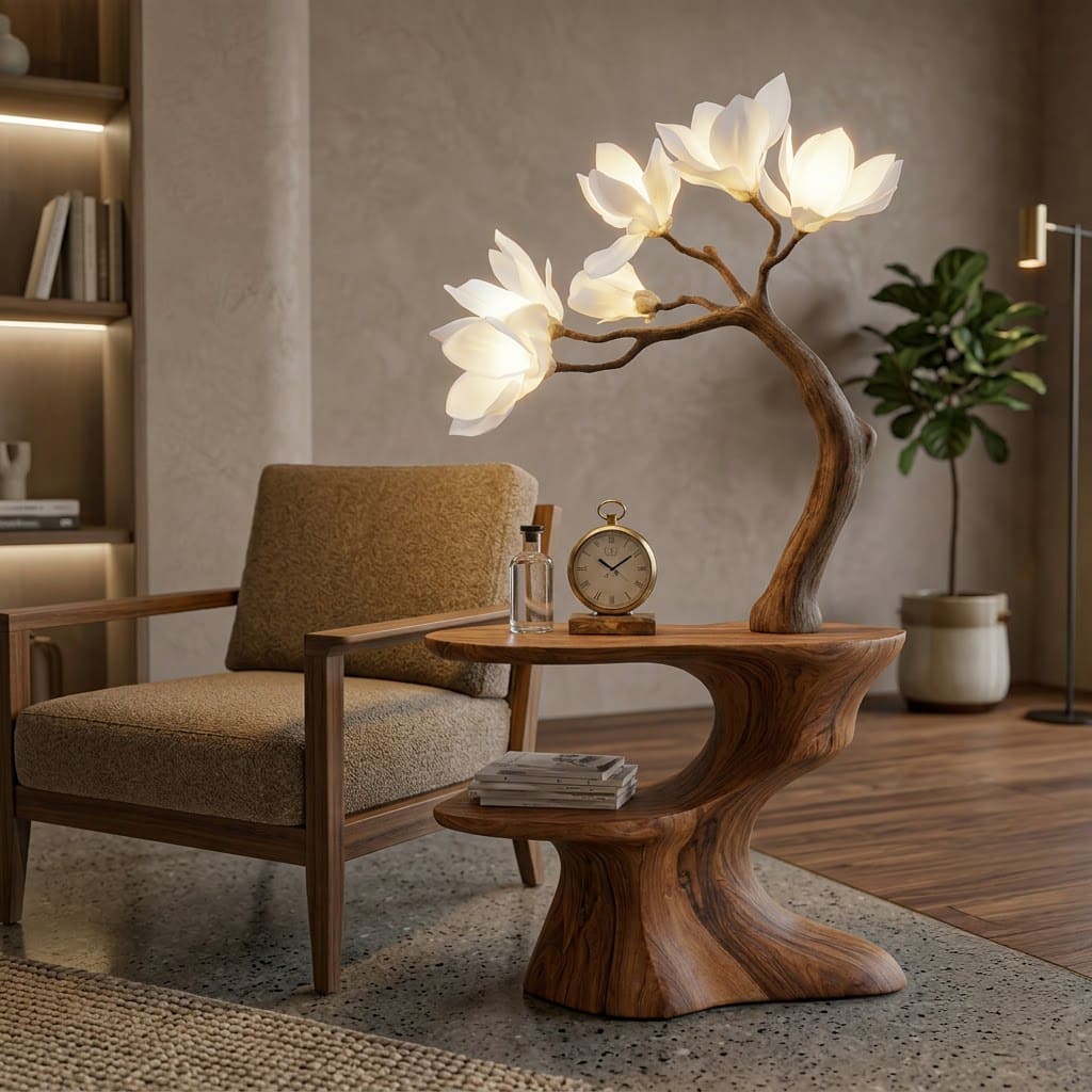 Sculptural solid wood end table with carved magnolia flowers for stylish living spaces