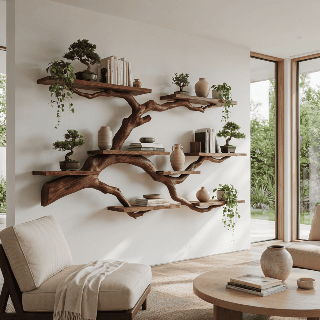 Organische zwevende display wandplank van massief hout