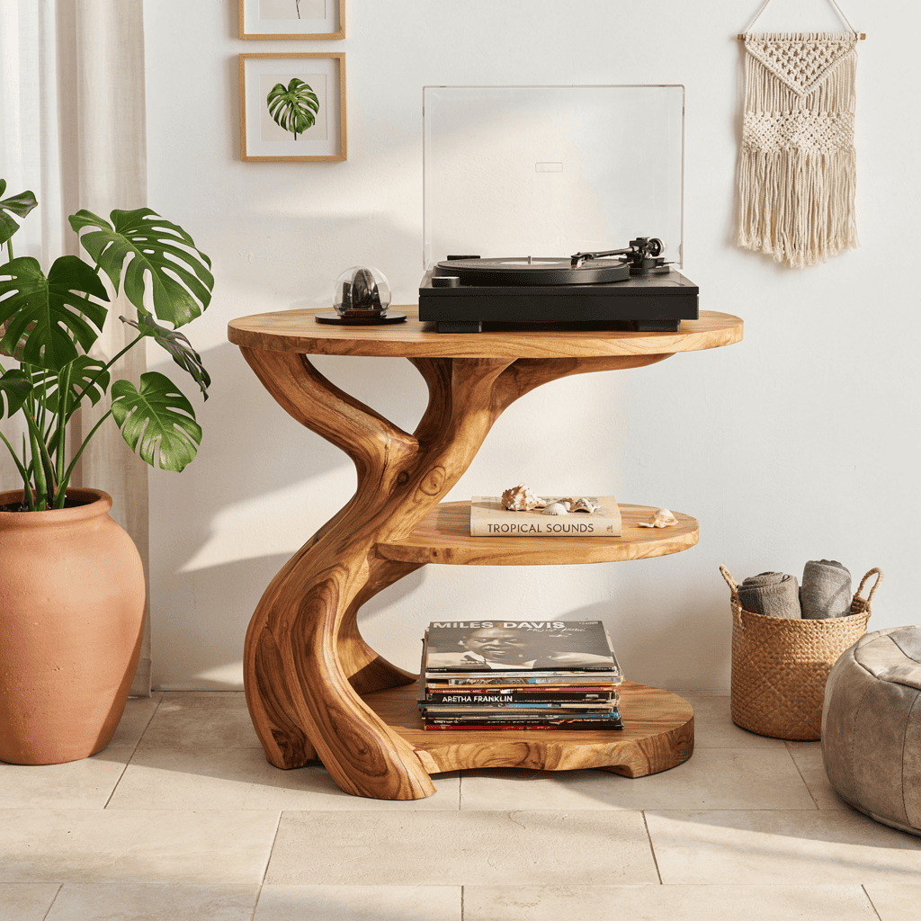 Sculpturaal boomtak platenspeler meubel van massief hout