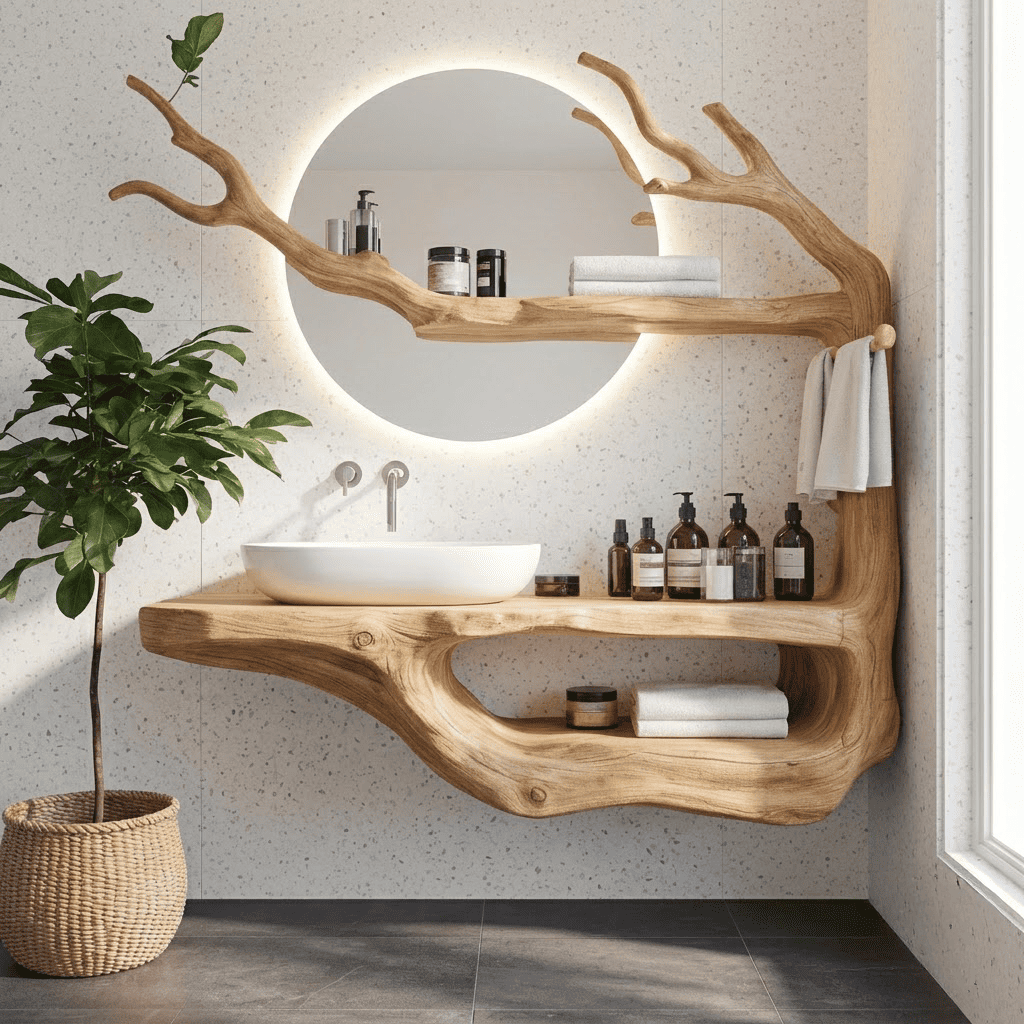 Sculpturaal zwevend badkamermeubel van massief hout met boomtakdetails