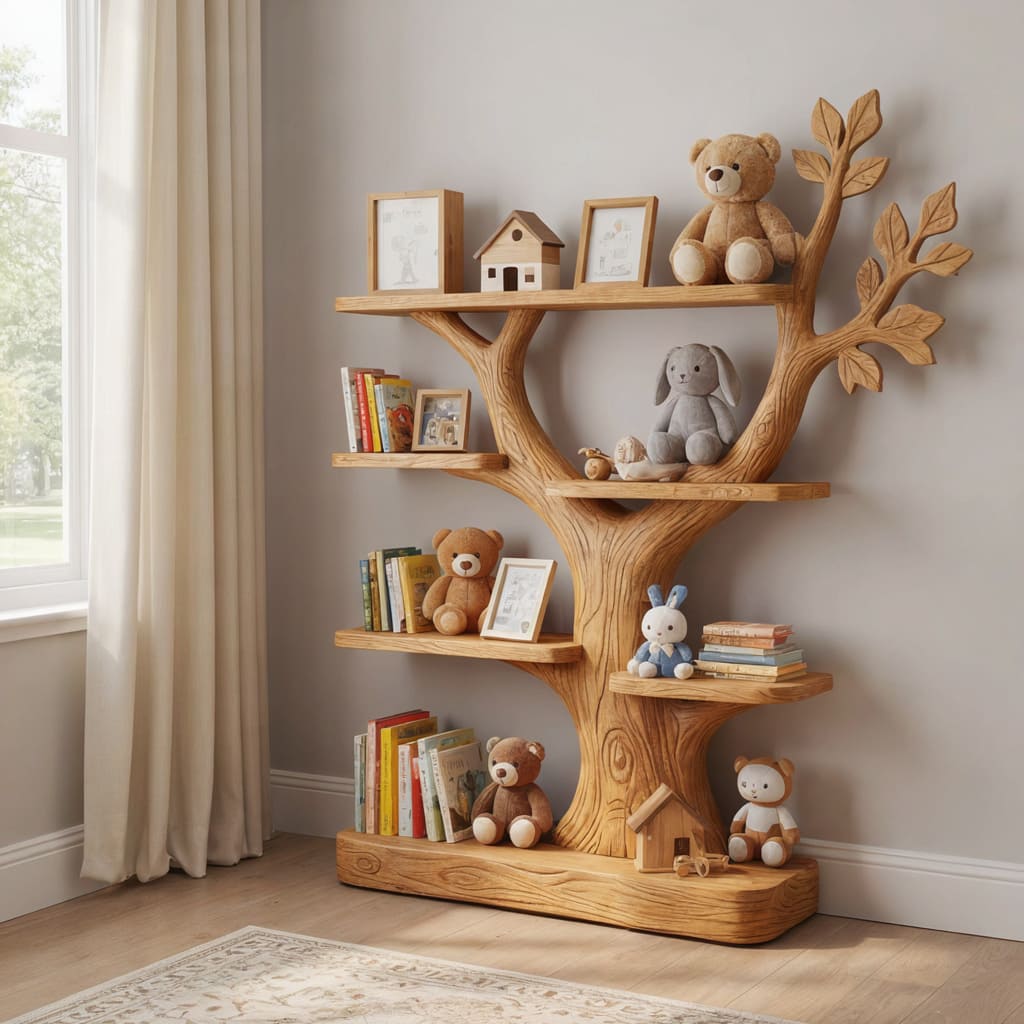Sculpturale kinderboekenplank van massief hout met boomtakdetails