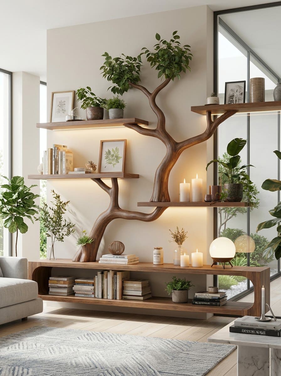 Handgesneden mediameubel van massief hout met boomtakdetails
