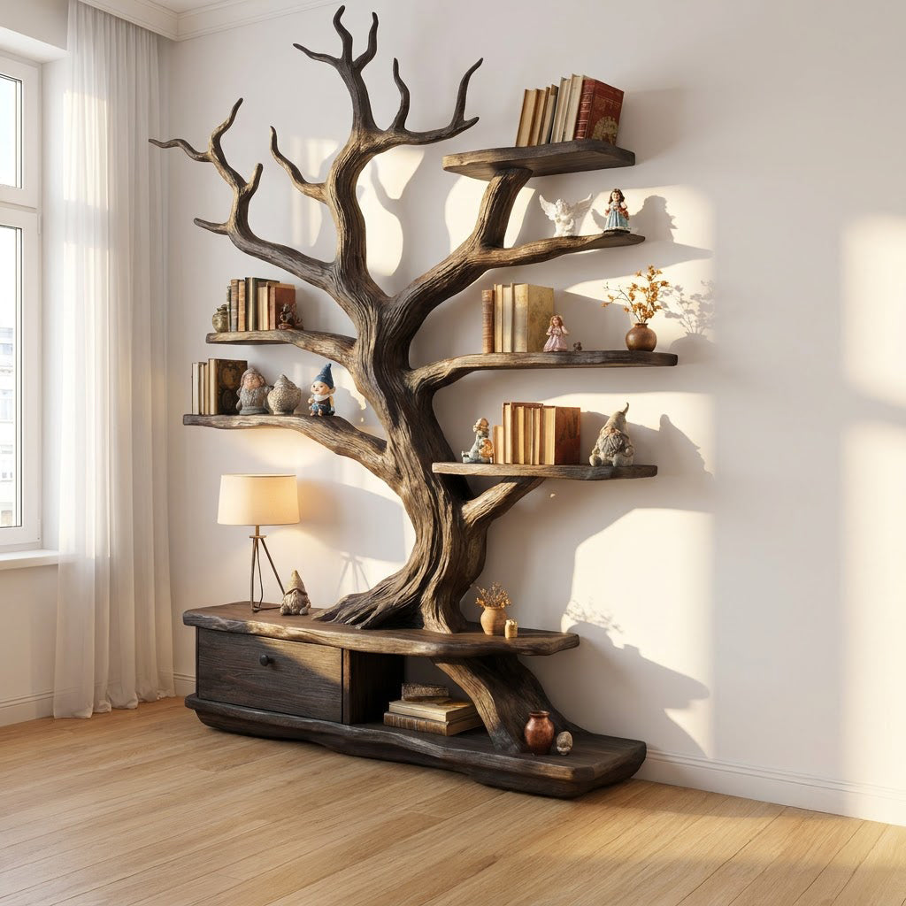 Sculpturale massief houten boomboekenkast in moderne living