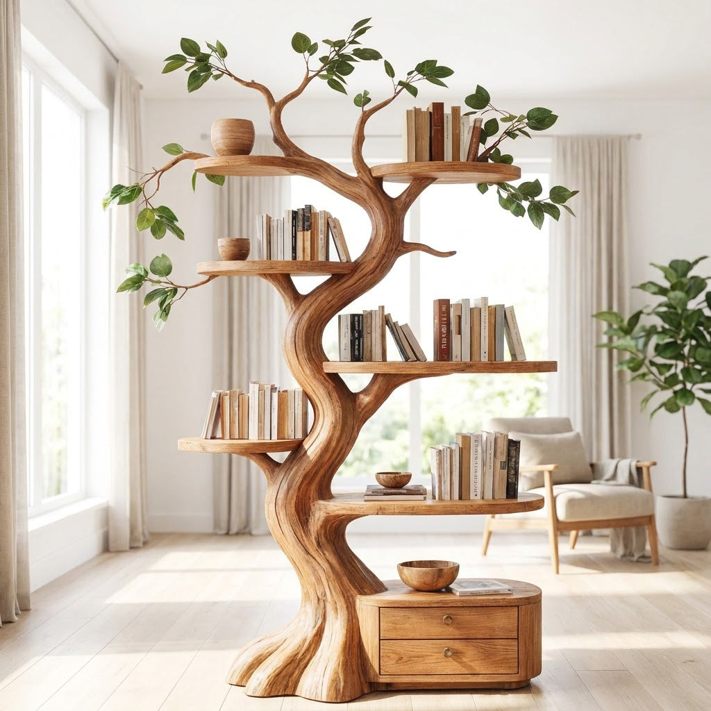 Handgesneden boomboekenkast met 2 lades van massief hout