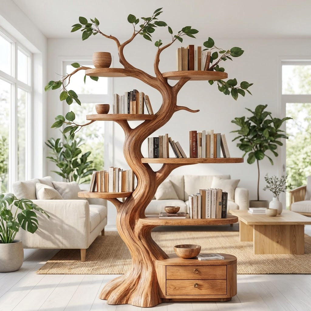 Massief houten boomboekenkast met sokkelladen in moderne zithoek