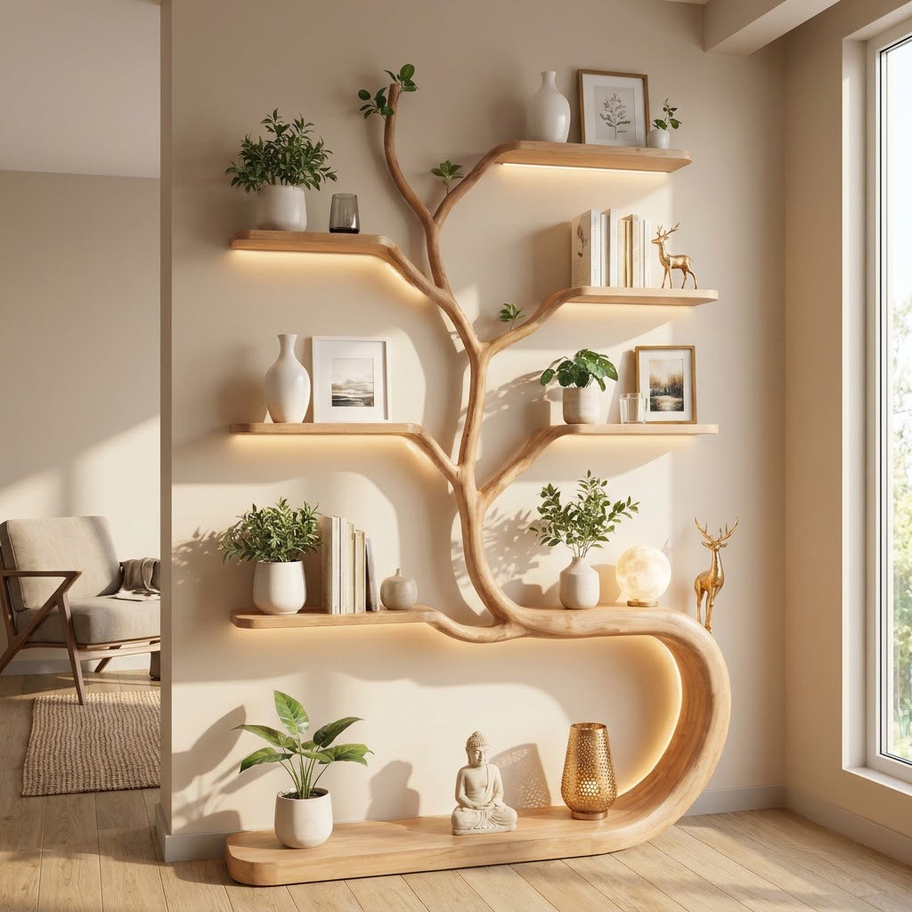 Handgesneden boekenkast met lintvoet van massief hout