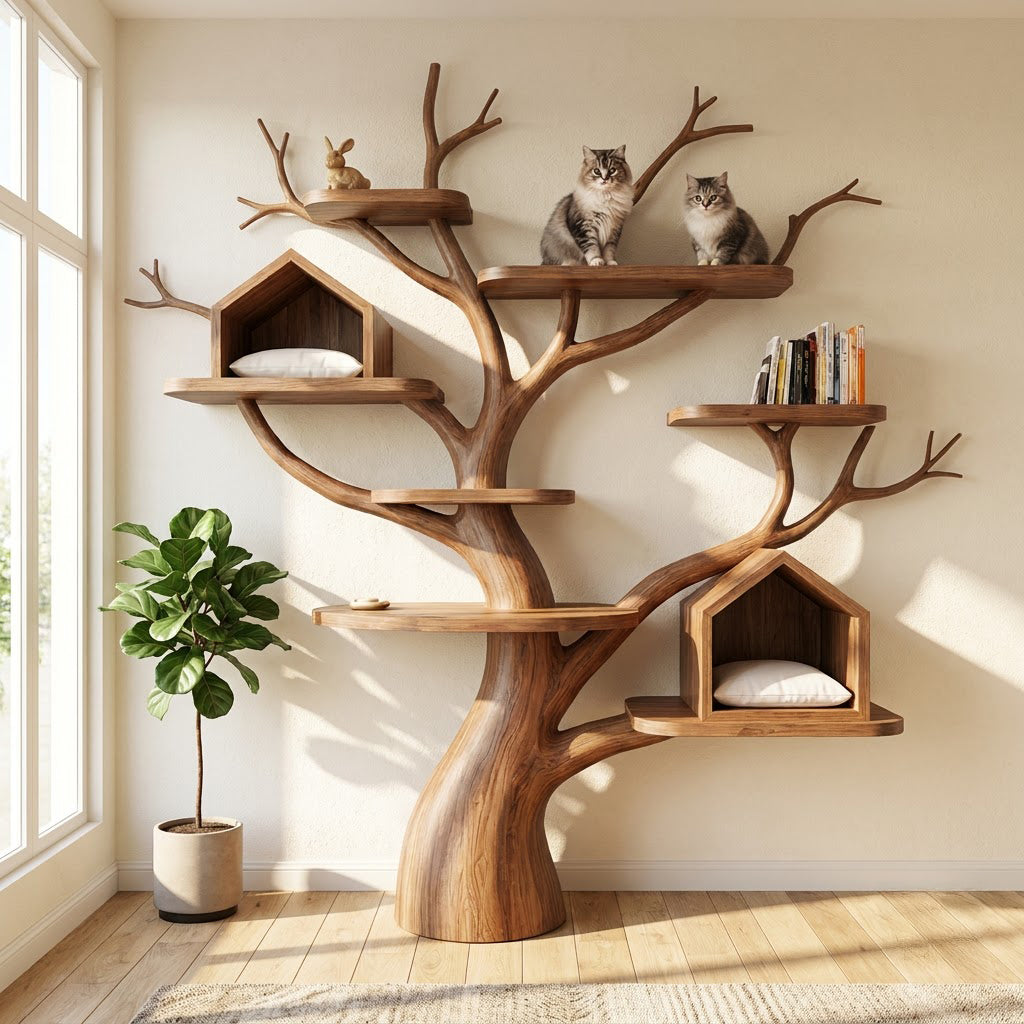 Handgesneden boom katten klimtoren van massief hout