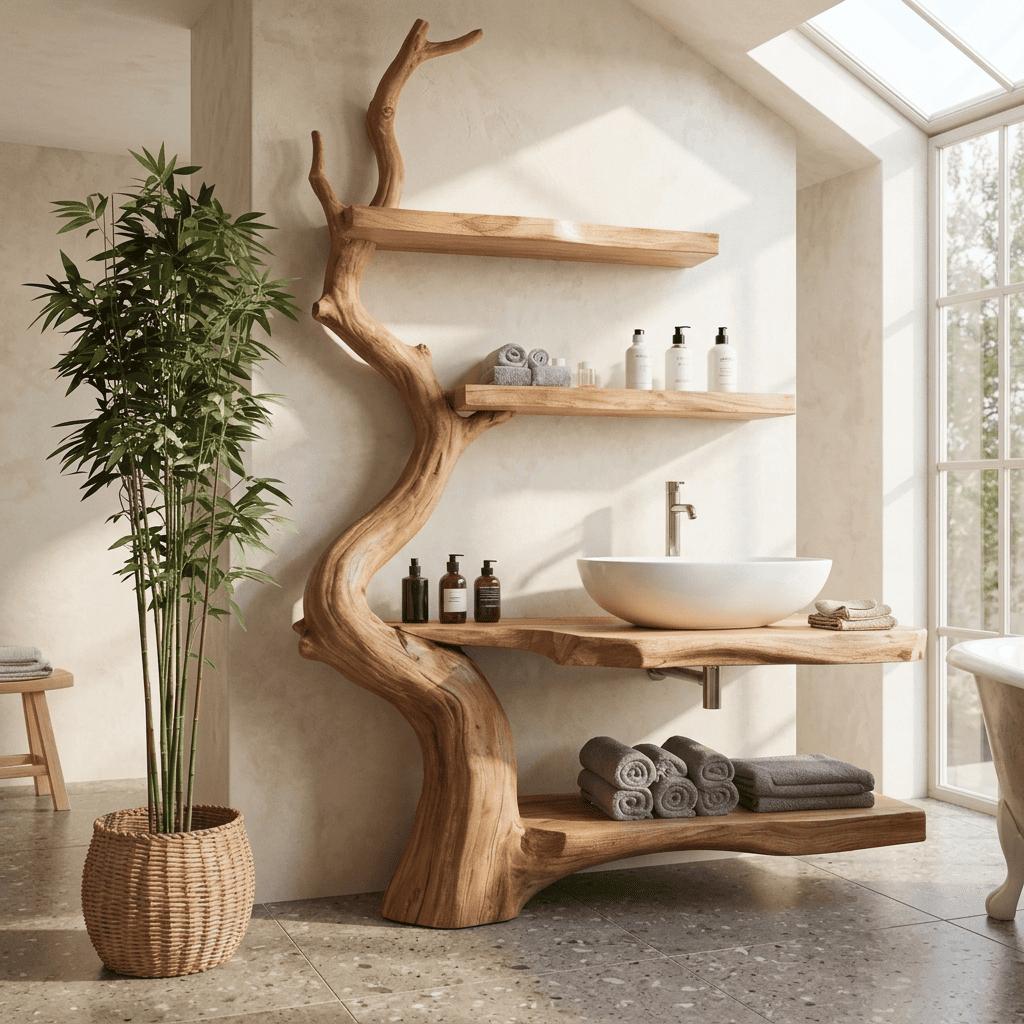 Sculpturaal boomstam badkamermeubel van massief hout met getrapte schappen