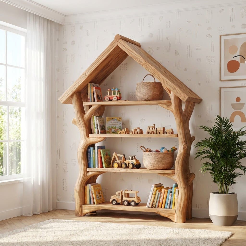 Sculpturale kinderboekenkast van massief hout met boomhutontwerp