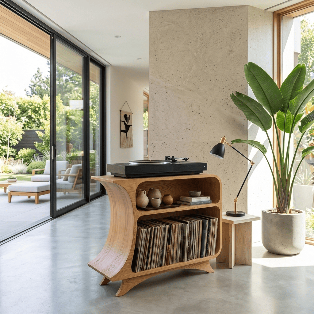 Sculptural solid wood vinyl record cabinet showcased in an elegant home interior