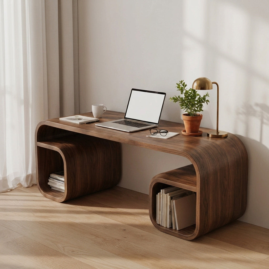 Sculpturaal gebogen houten brugbureau van massief hout