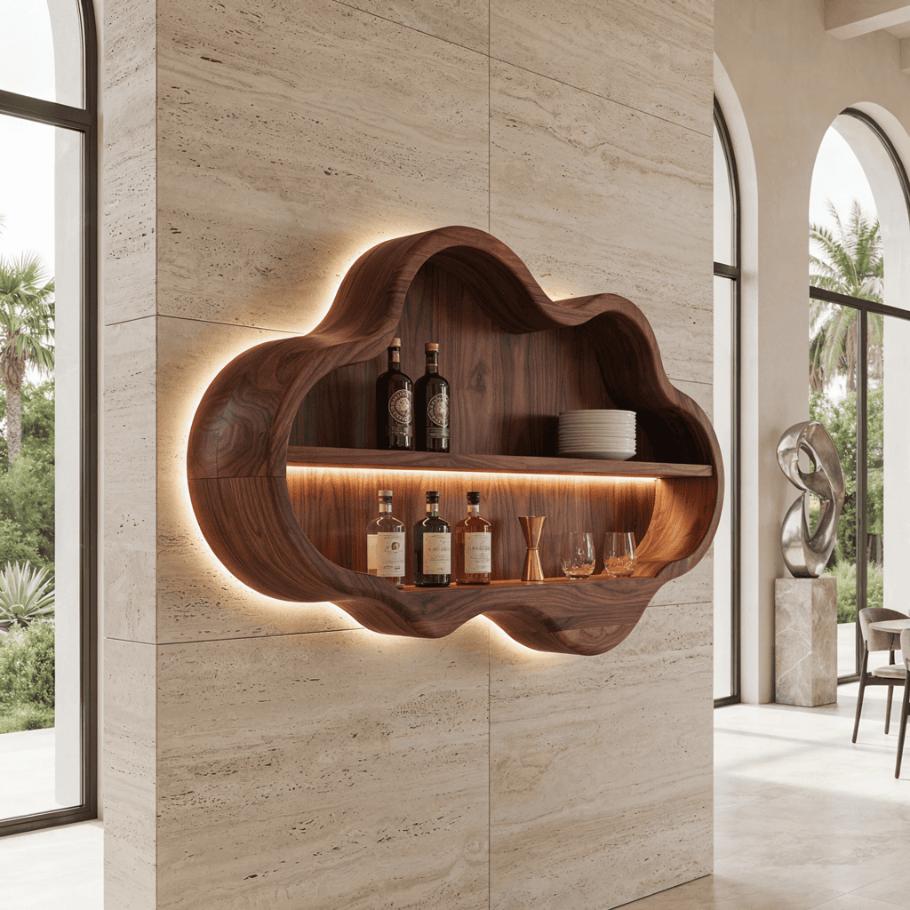 Sculpturale wolk wandbarkast van massief hout met handgemaakte details