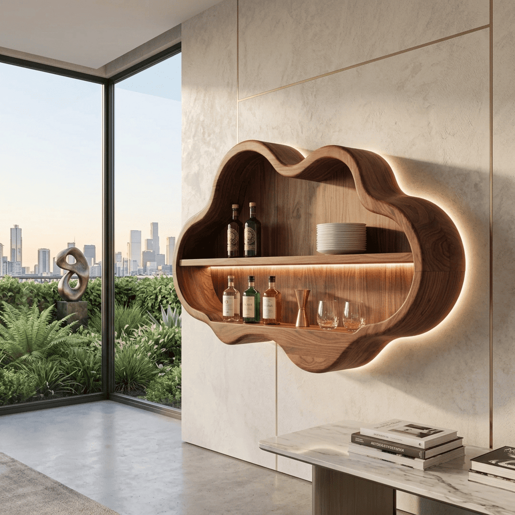 Massief houten wolk barkast met LED-verlichting voor moderne interieurs