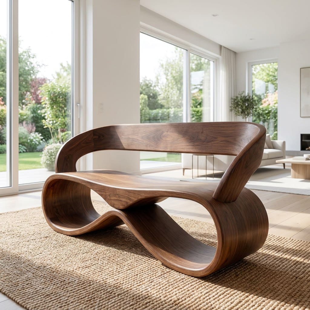 Opvallende infinity loop zitbank van massief hout