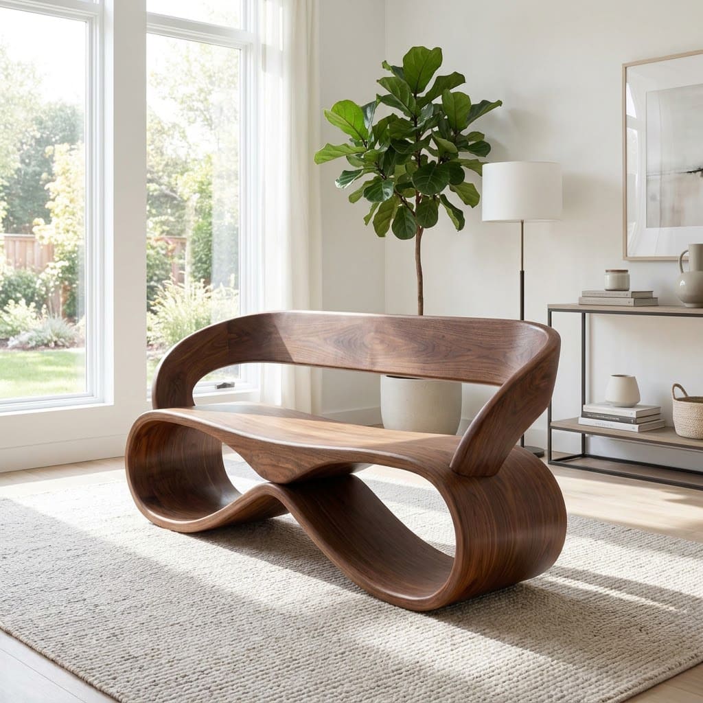 Organische massief houten infinity bank in een elegante entree