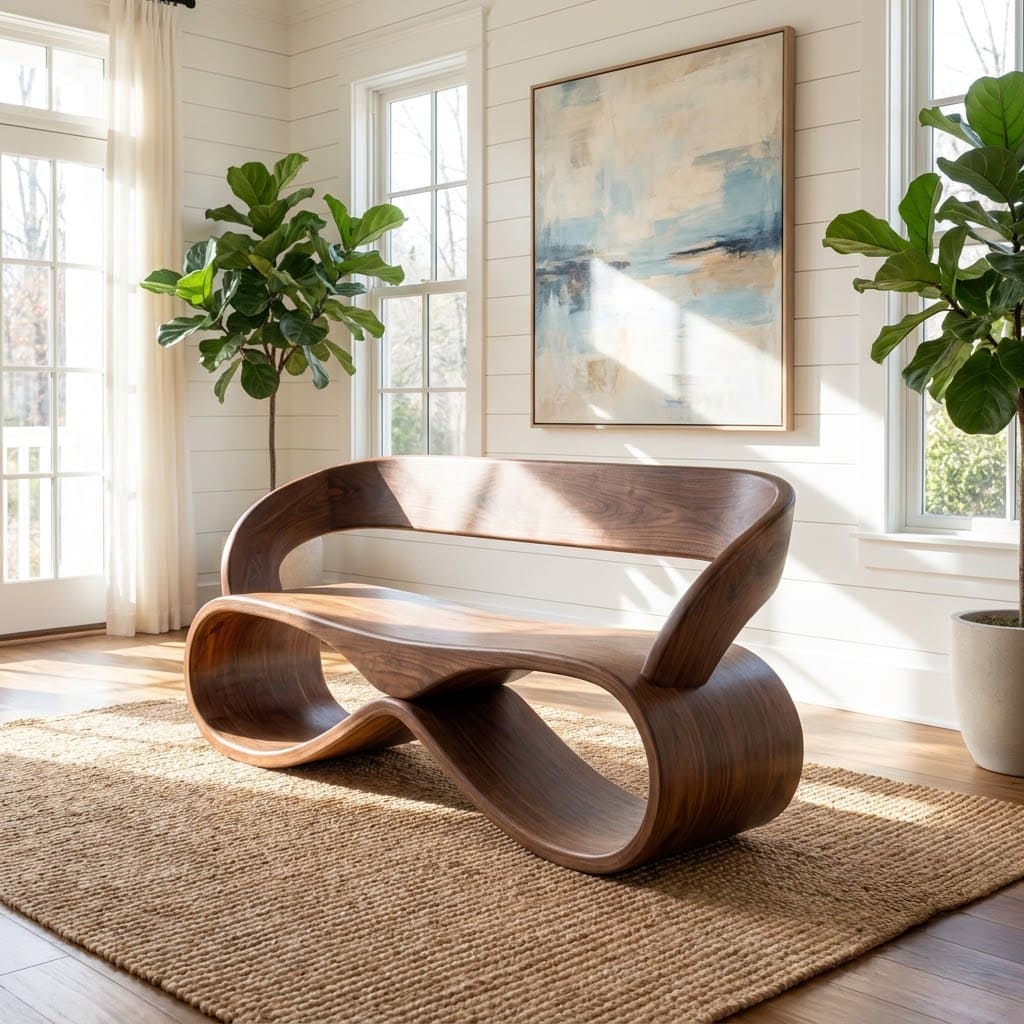 Organische massief houten infinity bank in een elegante entree