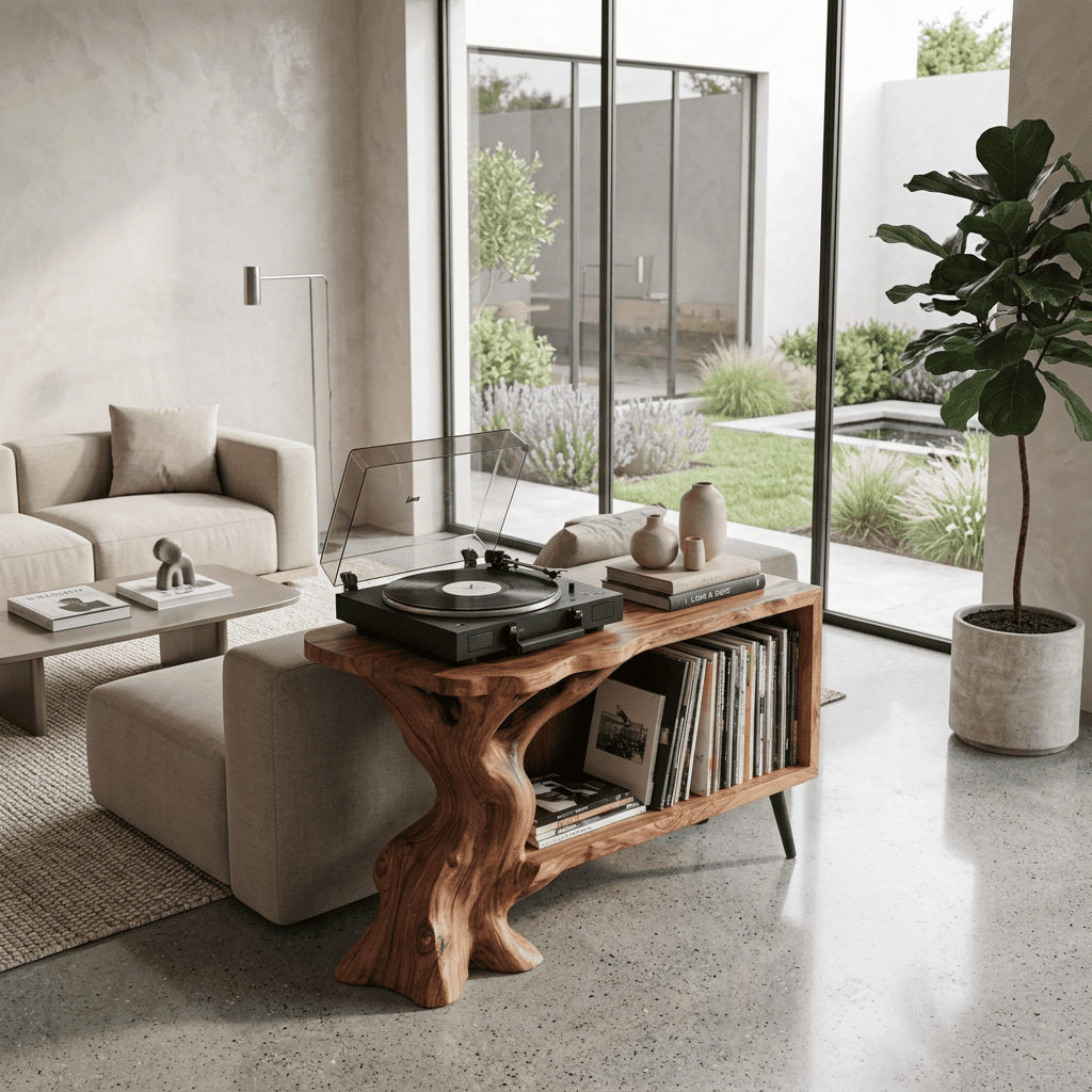 Handgemaakt boomstam platenspeler meubel van massief hout met boomrand