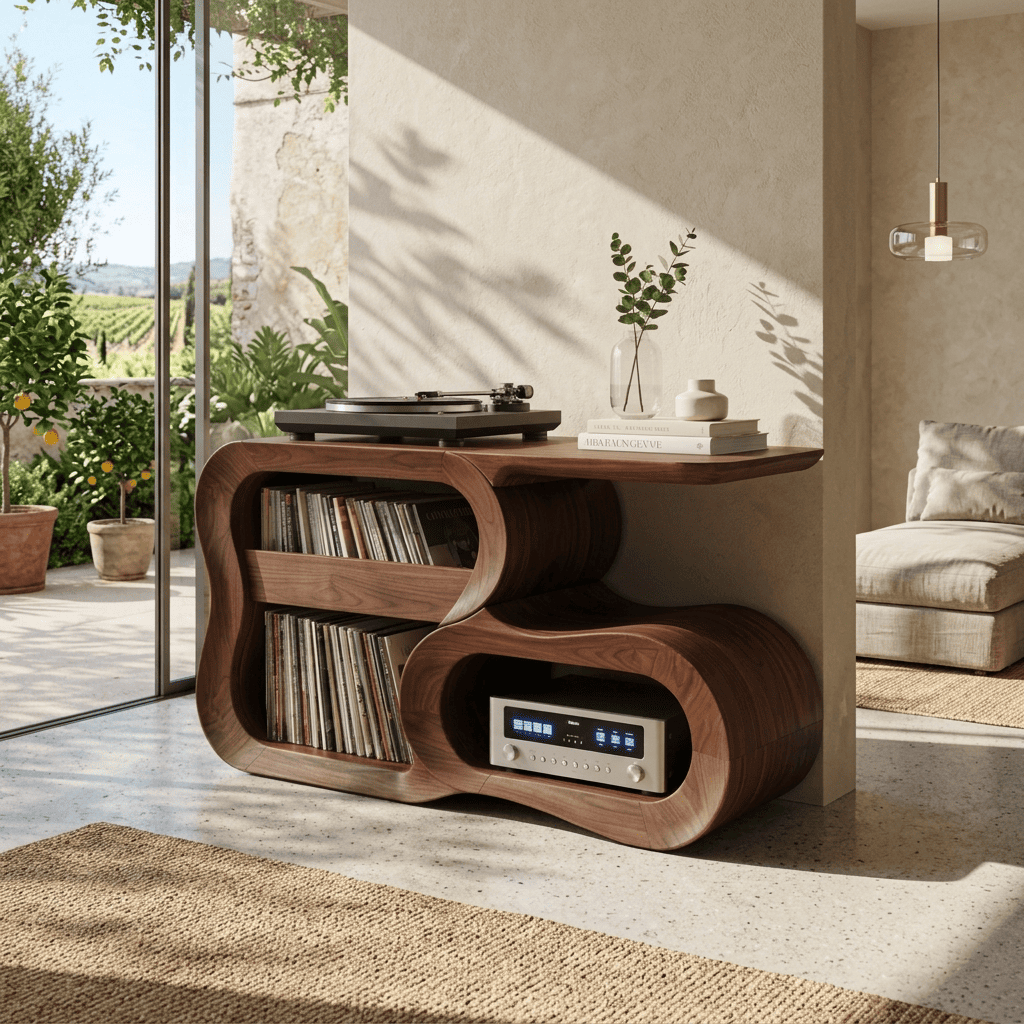Sculpturale S-boog platenspeler standaard van massief hout