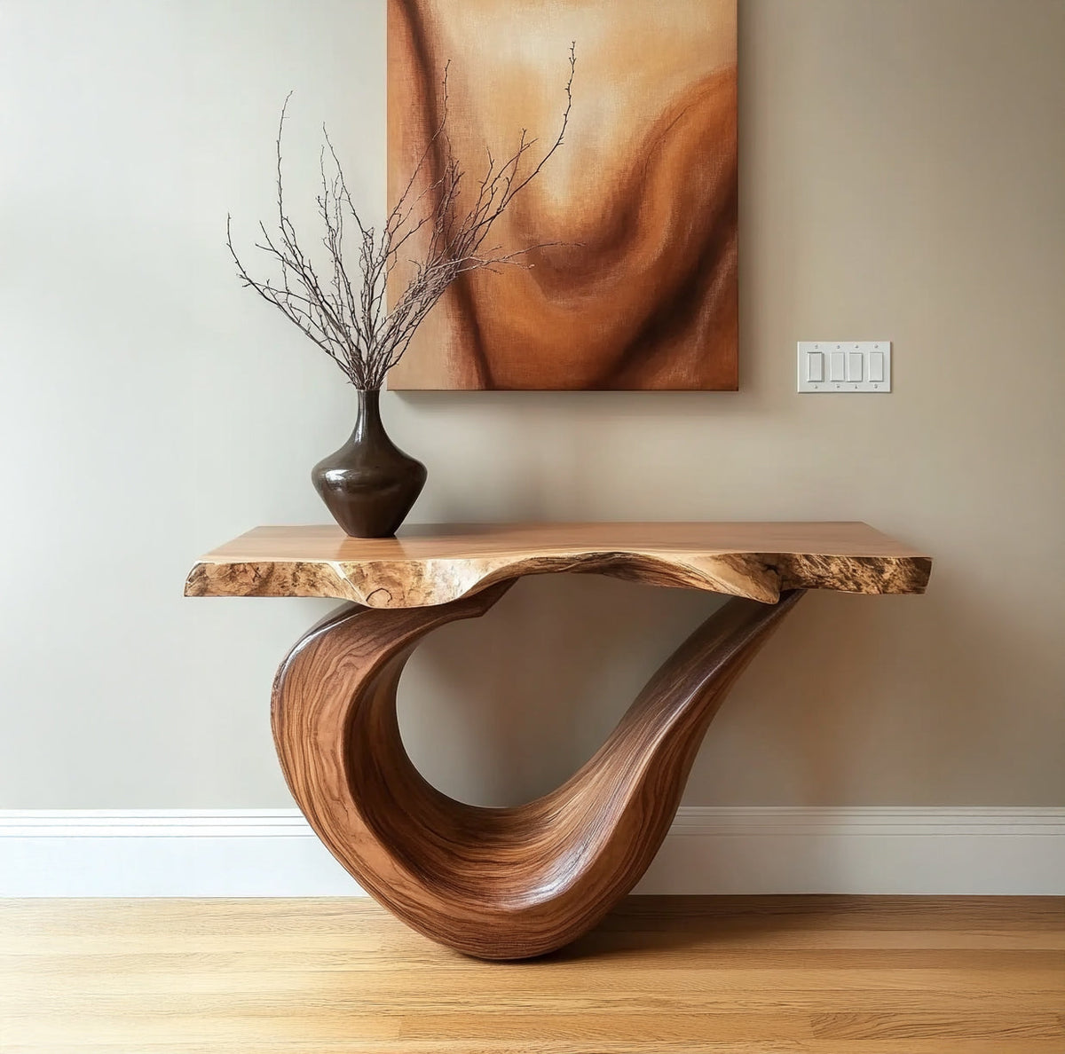 Abstracte boomrand consoletafel met sculpturaal houtontwerp
