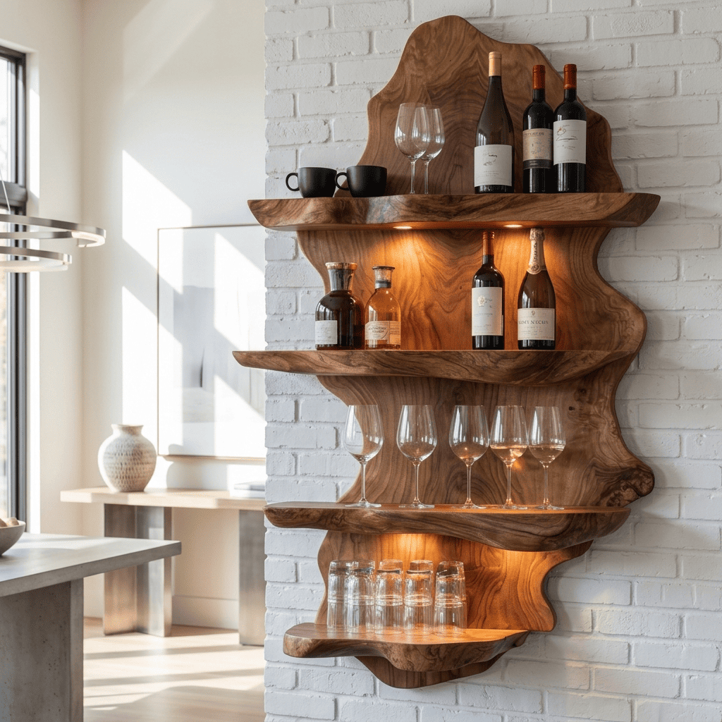 Sculpturaal boomrand wandwijnrek van massief hout met glazenplateau