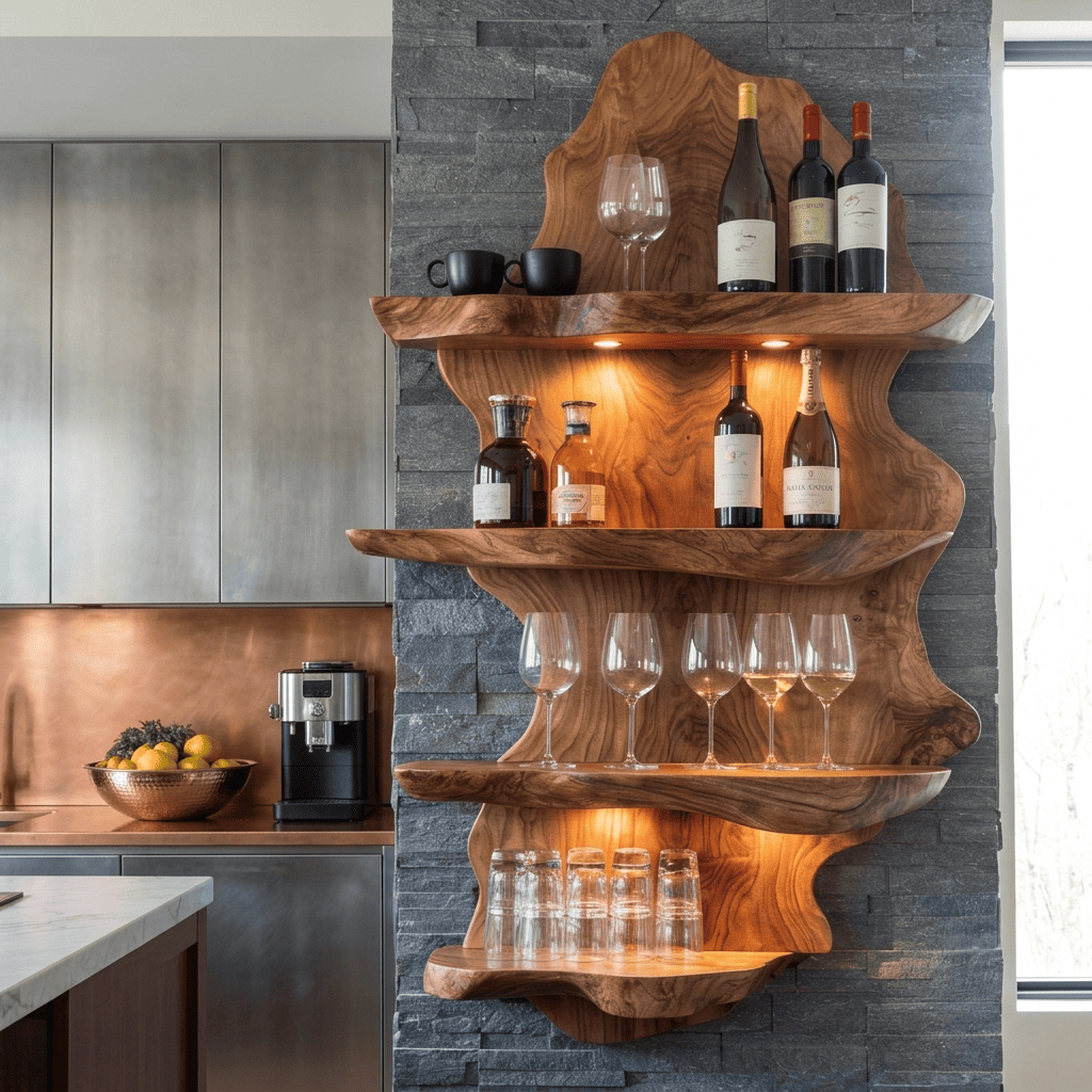 Massief houten boomrand wijnrek met LED-spots in moderne eetkamer