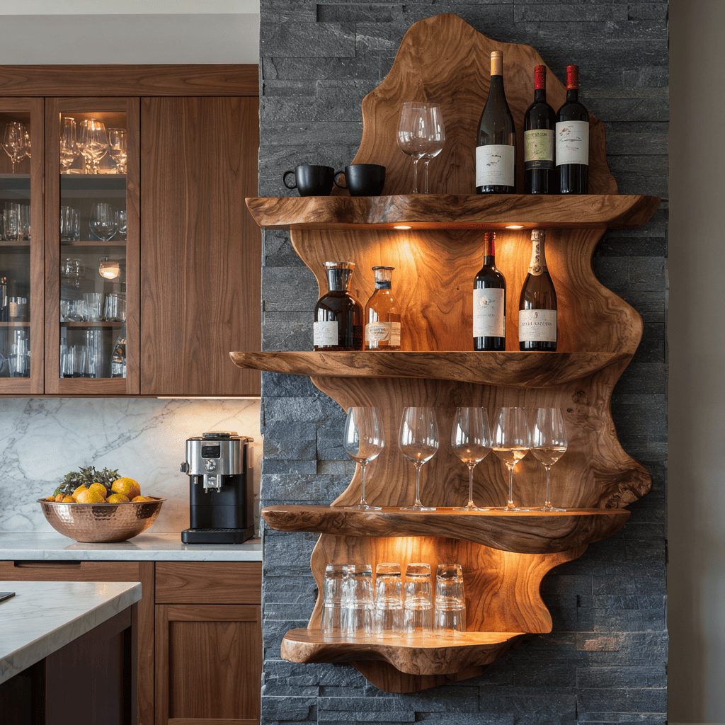 Wine rack solid wood live edge design with glassware shelf and integrated LED lighting for elegant dining spaces