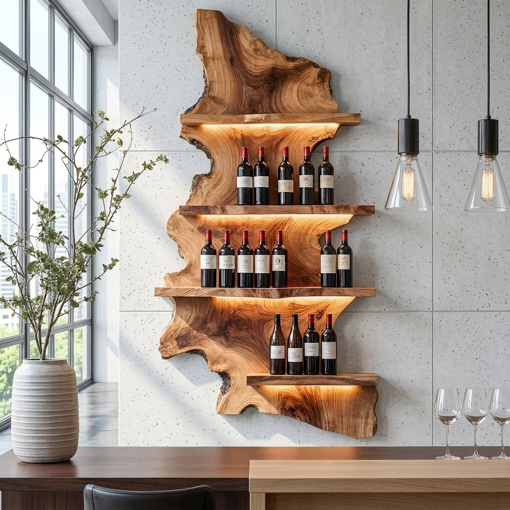 Natuurhouten wijnrek voor een stijlvolle bar- en eetruimte