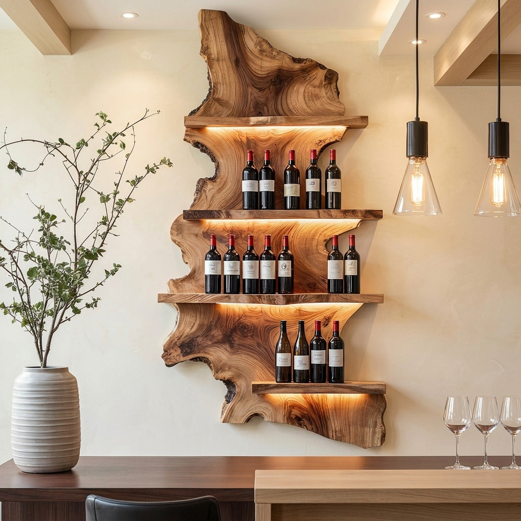 Sculpturaal boomrand wijndisplay van massief hout