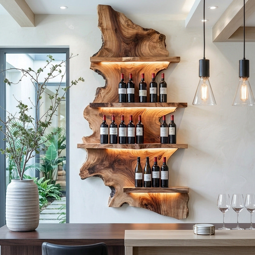 Sculpturaal massief houten wijnrek in een moderne eetkamer