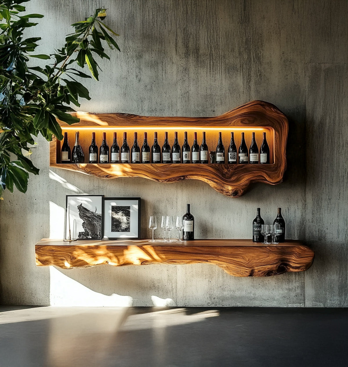 Sculpturaal boomrand wijnrek met LED-verlichting