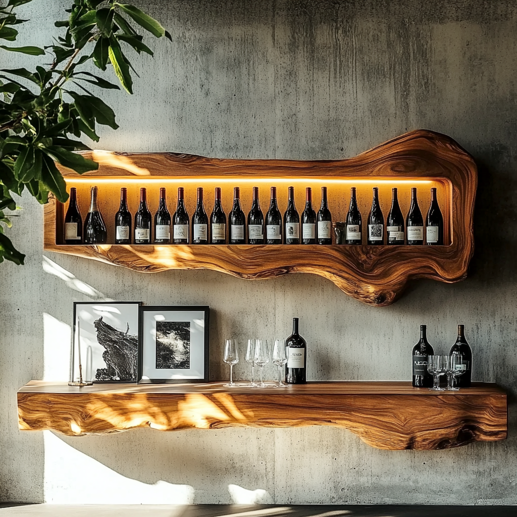 Modern wijnrek met sculpturaal houten silhouet