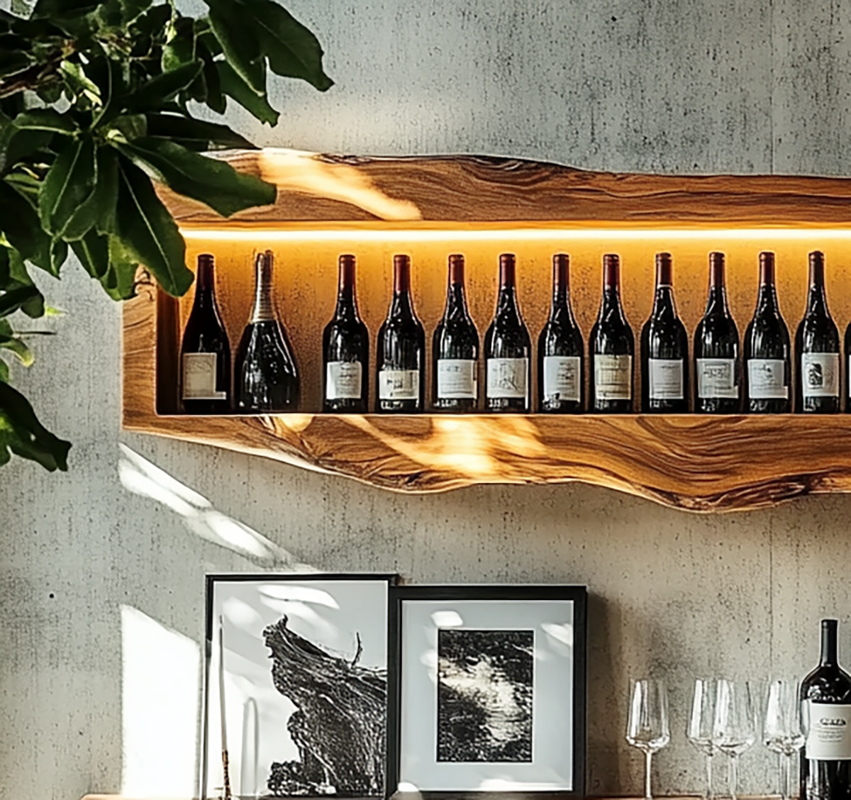 Houten wijnrek met ingebouwde LED-verlichting