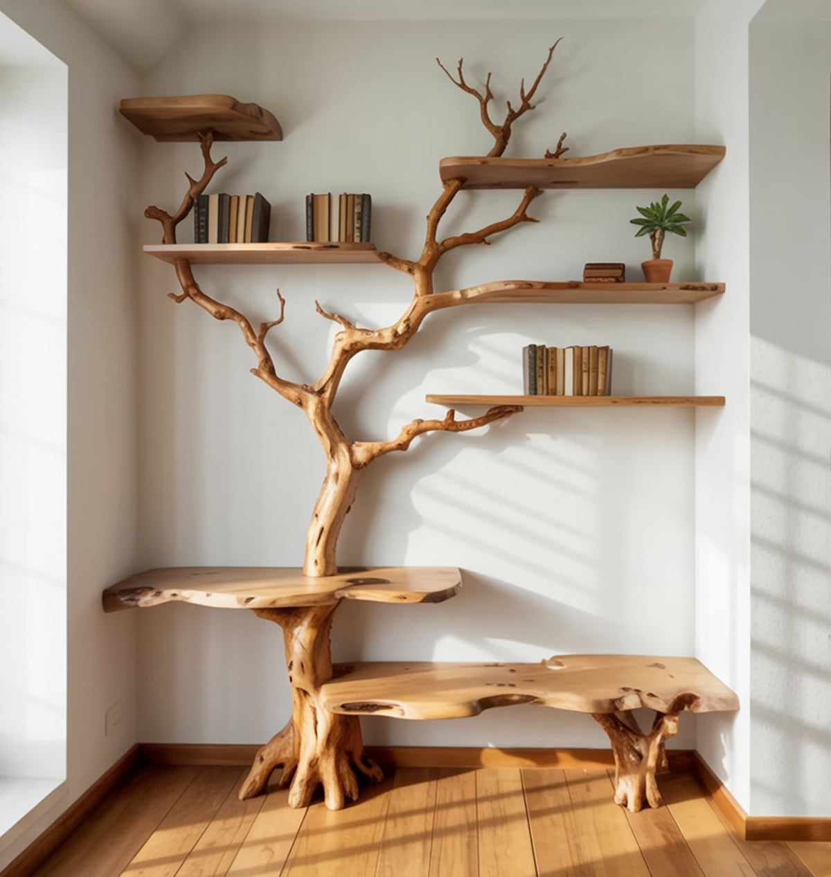 Sculpturale boomrand boomtak boekenplank van massief hout