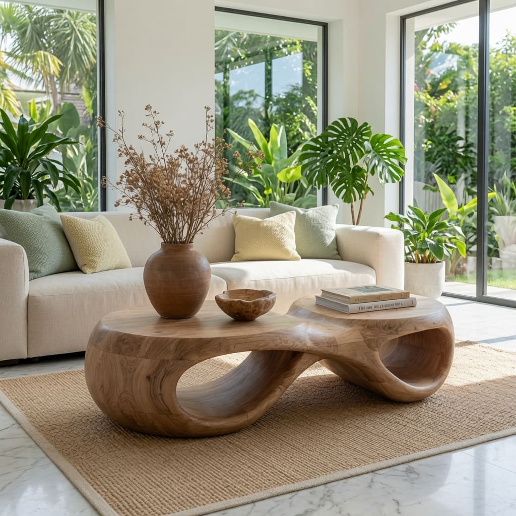 Sculpturale organische boomrand salontafel van massief hout