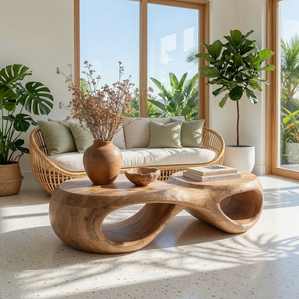 Boomrand sculpturale salontafel in een luxe biophilic woonruimte