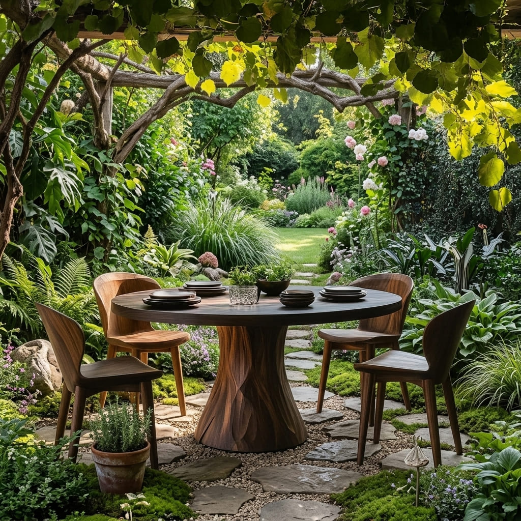 Massief houten ronde eettafel in een moderne tuinopstelling